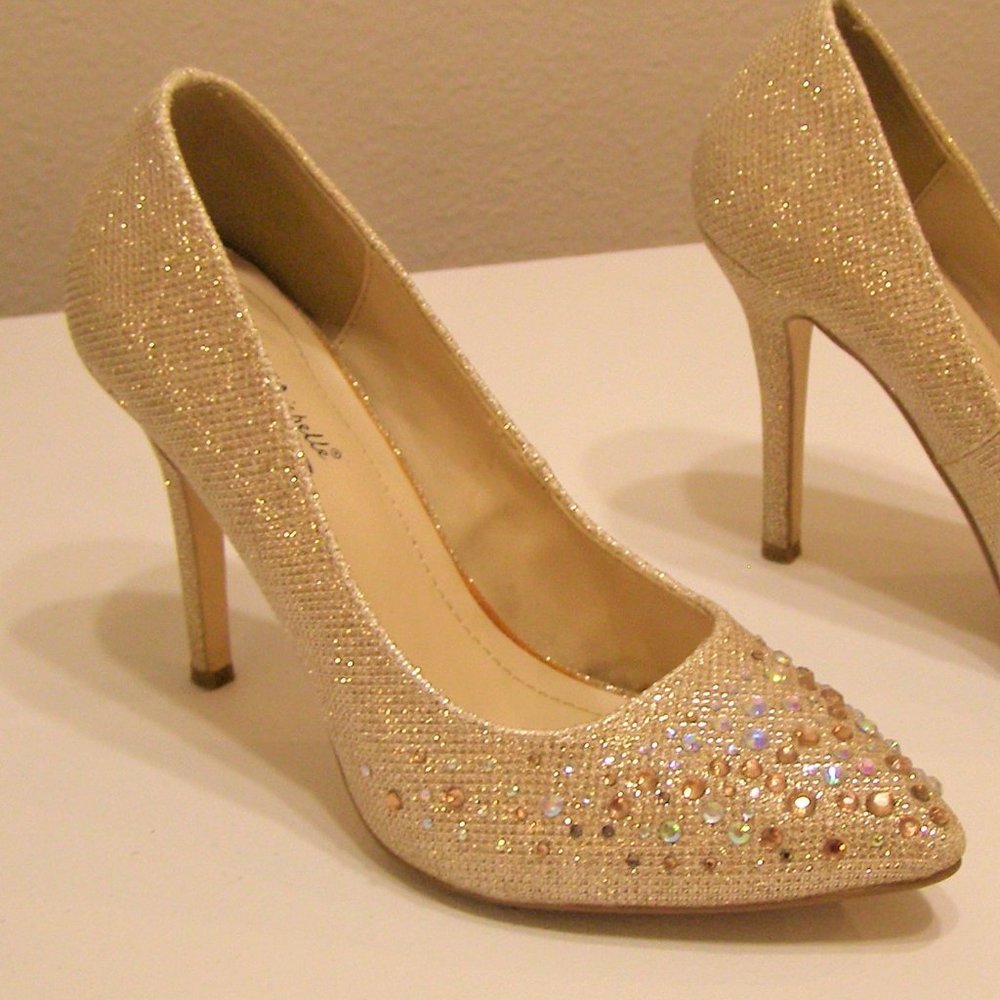 Pointed Stiletto Pumps, Gold with Rhinestones
